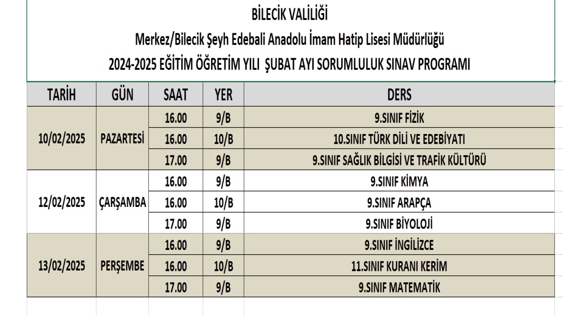 2024-2025 EĞİTİM ÖĞRETİM YILI İKİNCİ DÖNEM BAŞI SORUMLULUK SINAV TAKVİMİ